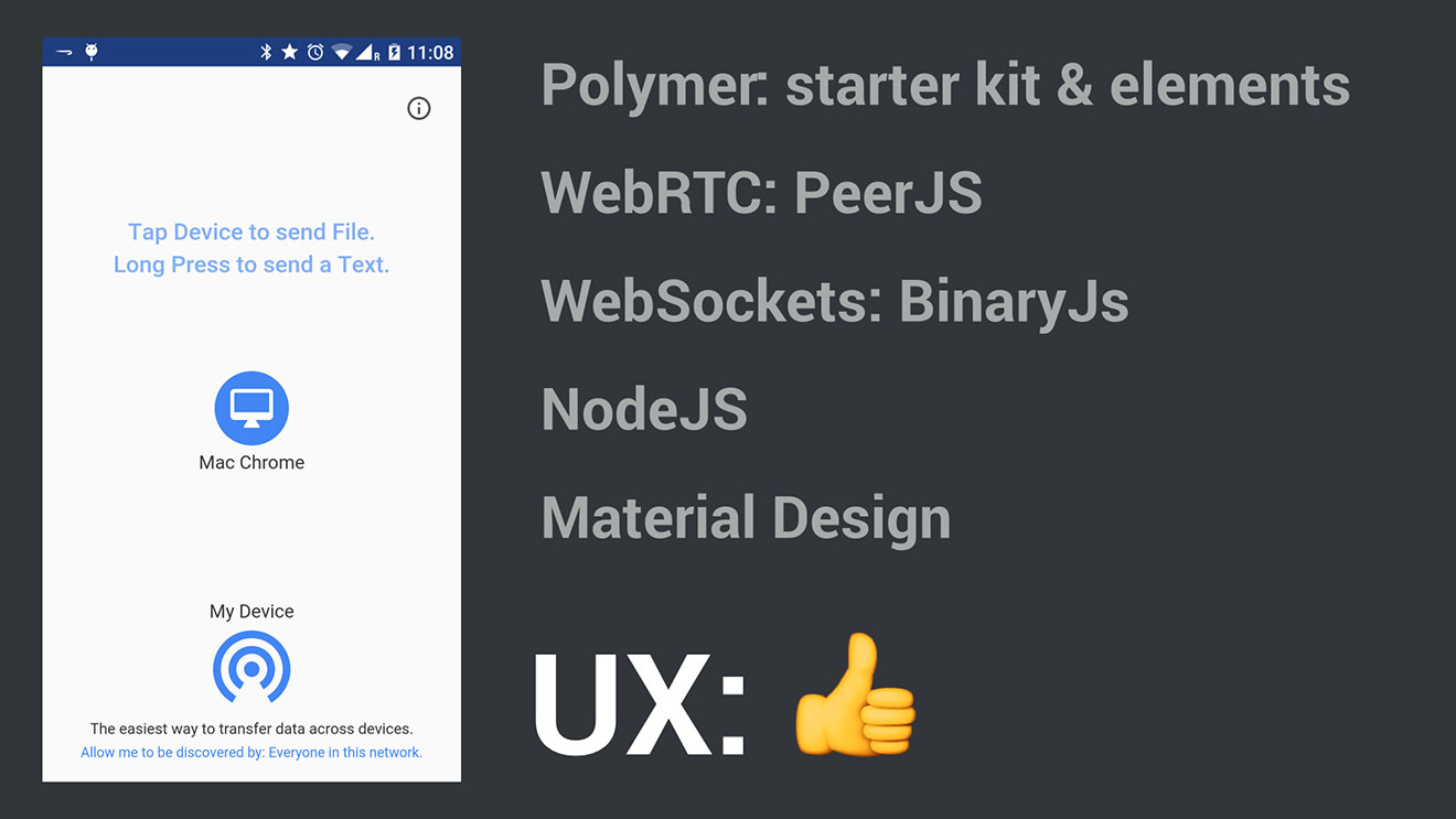 Polymer: starter kit & elements, WebRTC: PeerJS, WebSockets: BinaryJs, NodeJS, Material Design and perfect UX